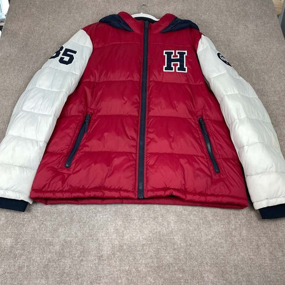 Tommy Hilfiger Other - Tommy Hilfiger Puffer Jacket Mens 2XL Red White Varsity Hooded Full Zip Logo